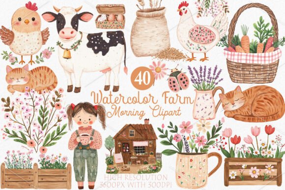 Download Watercolor Farm Morning Clipart Bundle - Bundle Collection
