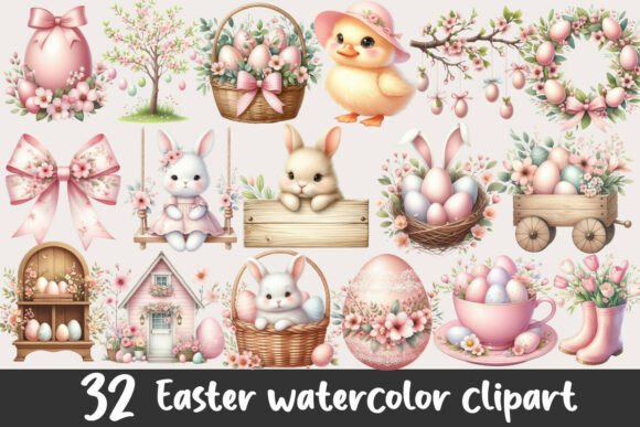 Download Pink Easter Watercolor Clipart Bundle - Bundle Collection